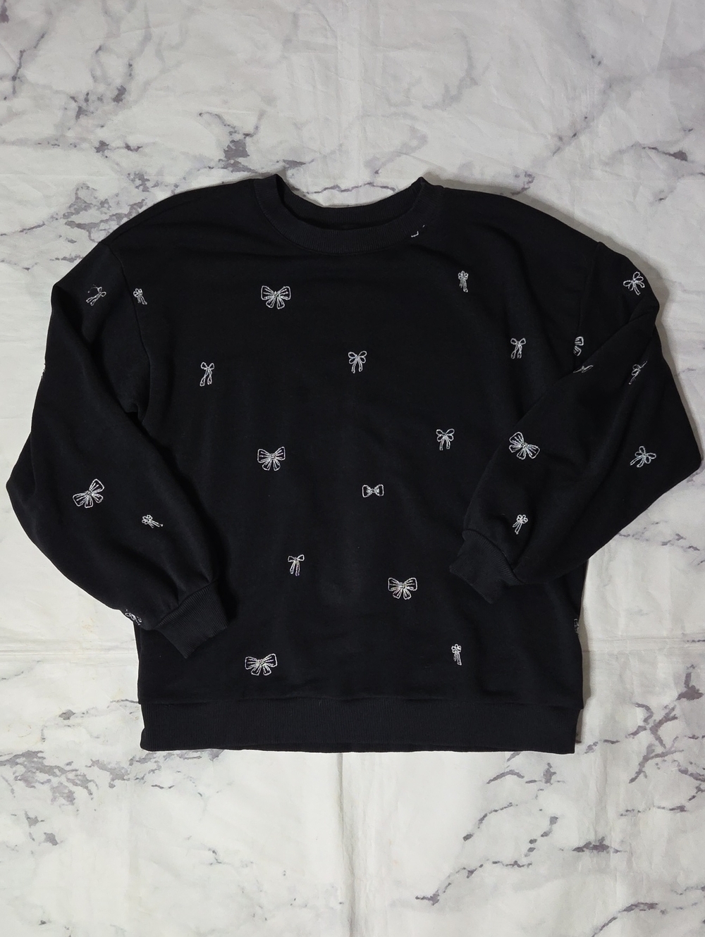 Crown & Ivy Black Sweatshirt With Embroidered Silver Bow Embellishments